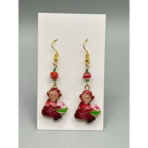 Vintage Enamel Monkey Dangle Earrings Double Sided with Bead Accents - Picture 4 of 5